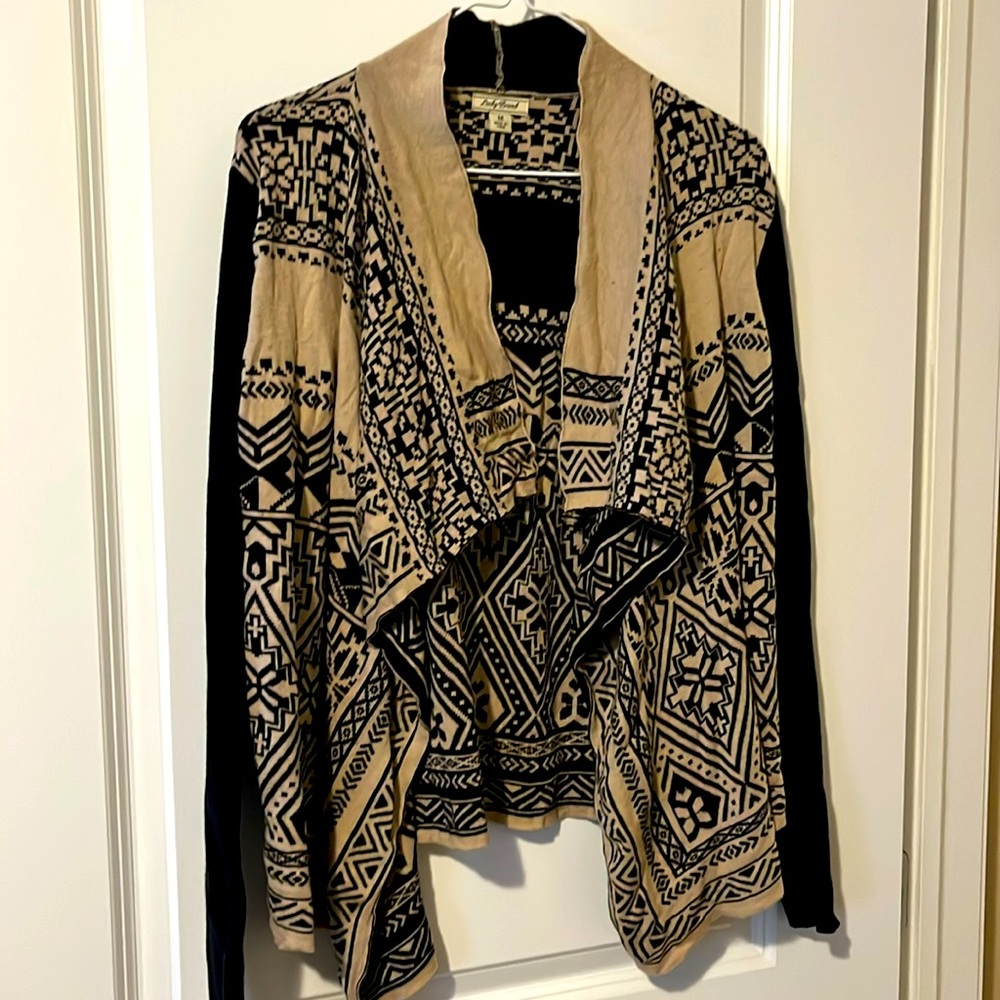 Lucky Brand open asymmetrical cardigan,M black & tan, geometric boho aztec